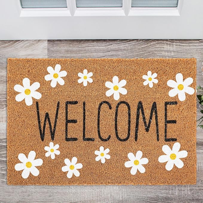 Ceenna Spring Daisy Welcome Doormat Outdoor Spring Flower Coir Door mat with Non Slip Backing White Daisy Flower Front Door Mat Front Porch Rugs for Home Entrance, 16 x 28 Inches