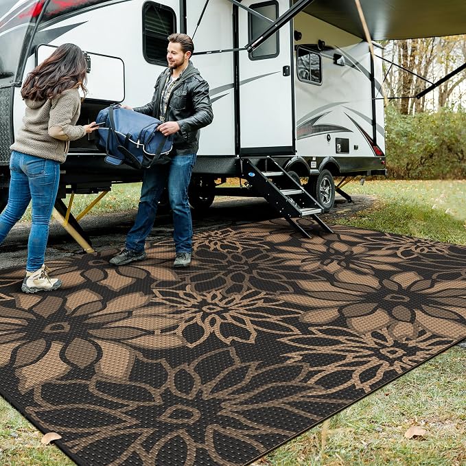 GENIMO Outdoor Rug, Waterproof Plastic Rugs 10'x14' for Camping Black | Outside Larger Leaf Carpet Mat for Patio Decor, RV, Porch, Camper, Deck, Picnic, Beach, Backyard, Reversible, Foldable
