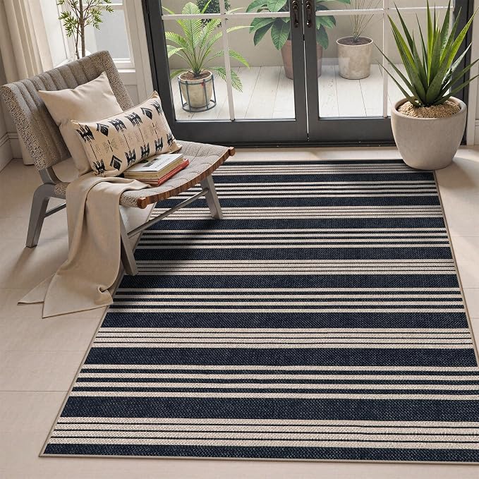 Lahome Striped Easy Jute 3x5 Outdoor Patio Rug, Washable Porch Entry Rugs | Indoor Black Area Rugs for Living Room, Modern Farmhouse Neutral Door Mat, Non Slip Carpet for Backyard Bedroom Kitchen