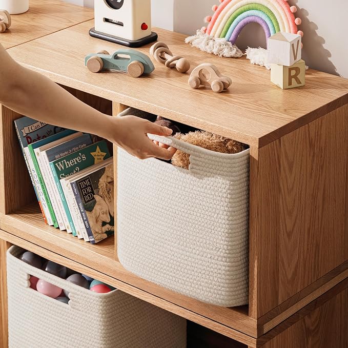 UBBCARE Set of 4 Storage Basket-12 X 12 X 12 in, Cotton Rope Baskets for Shelves, Toys, Book, Cube Storage Bins with Handles, Woven Storage Basket for Organizing, Beige