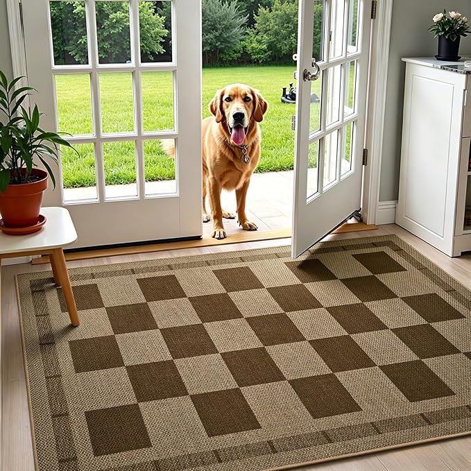 3x5 Outdoor Rug, Jute Checkered Rugs, Patio, Entryway, Balcony, Porch Rug | Indoor Plaid Carpets, Washable Bedroom Kitchen Carpet, Non Slip Farmhouse Neutral Laundry Office Floor Mat, Nature and Brown