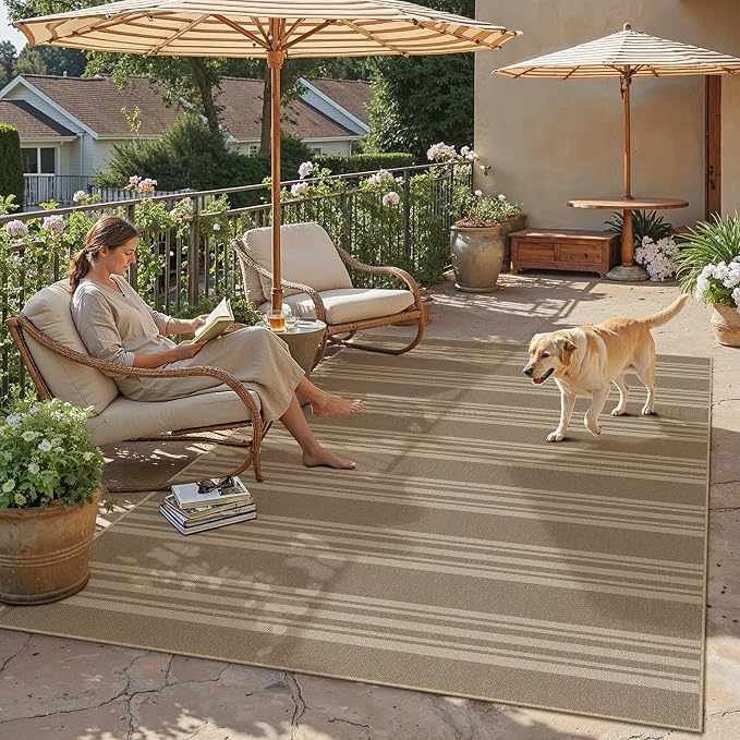 PureCozy Striped Easy Jute Rug 5x7 Khaki Living Room Carpet Washable Non Slip Bedroom Office Rug Farmhouse Neutral Non Shedding Indoor Outdoor Large Carpet for Kitchen Dining Room