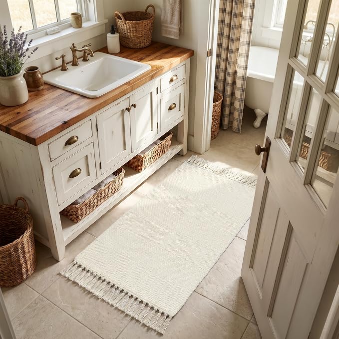 Collive 2' x 4.3' Indoor Outdoor Rug, Modern Farmhouse Kitchen Runner Rugs Hand-Woven Bathroom Rugs, Boho Washable Entry Carpet White Reversible Front Door Mats for Laundry Bedroom Porch Decor