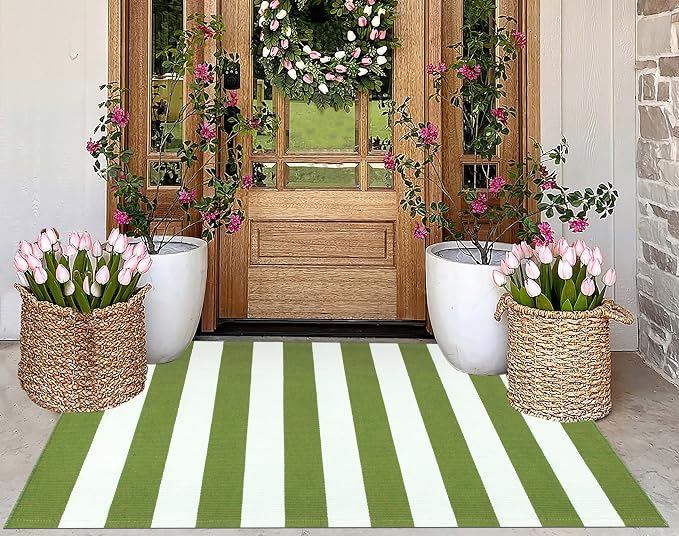 3'x5'Outdoor Rug,Striped Cotton Woven Washable Front Porch Rug Green and White Farmhouse Entry Rug Indoor Outdoor Area Rug for Porch/Home Entrace Decor/Bedroom/Layered Door Mats