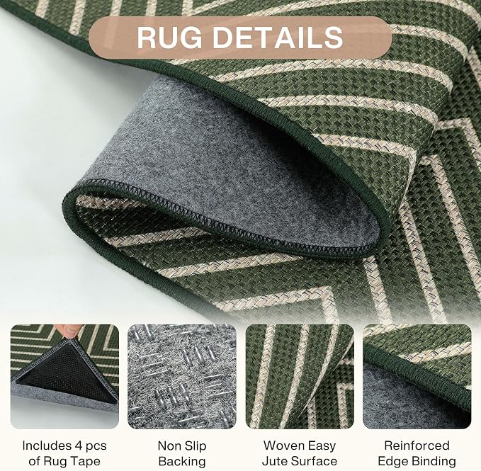 Tribesigns Modern Easy Jute 3x5 Washable Outdoor Patio Porch Area Rug,Green | Machine Washable, Non-Slip with 4 Rug Tape, Ultra-Thin Low Pile, for Farmhouse Indoor Kitchen Entryway Deck RV Balcony