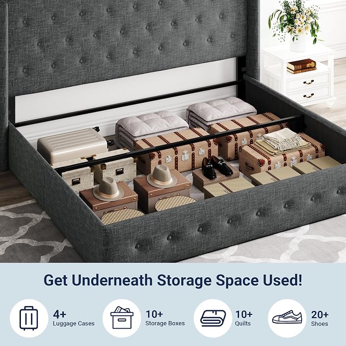 Allewie King Size Lift Up Storage Button-Tufted Bed Frame Dark Grey | Modern Wingback Headboard, Hydraulic Support Storage, No Box Spring Needed
