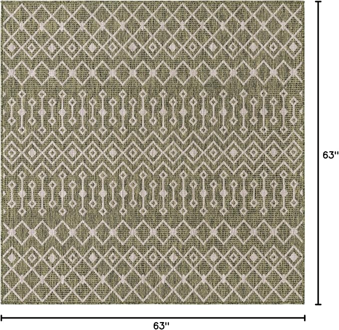 Unique Loom Outdoor Trellis Collection Area Rug - Tribal Trellis (5' 3" Square, Green/ Natural)