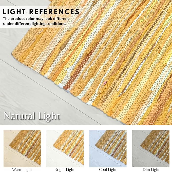 Ramanta Home 100% Cotton Hand Woven Tonal Chindi Rag Rug 2'x3' - Mustard, Recycled Reversible Rug, Boho Rustic Farmhouse Rugs for Living Room, Dinning Room, Kitchen Floor Mats - 24"x36"