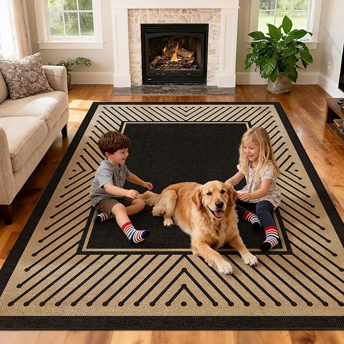 Washable Modern Easy Jute Rug 5x7, Striped Geometric Outdoor Indoor Patio Farmhouse Large Bordered Rugs, Woven Non Slip Thin Carpet Mat for Living Dining Room Bedroom Classroom Kids Nursery