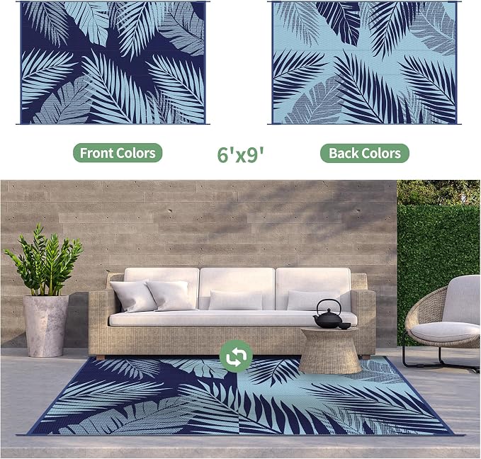 GENIMO Outdoor Rug, Waterproof Plastic Rugs for Patio, 6'x9' Blue | Outside Larger Leaf Carpet Mat for Porch Decor, Deck, Balcony, Camping, RV, Backyard, Picnic, Beach, Reversible, Foldable