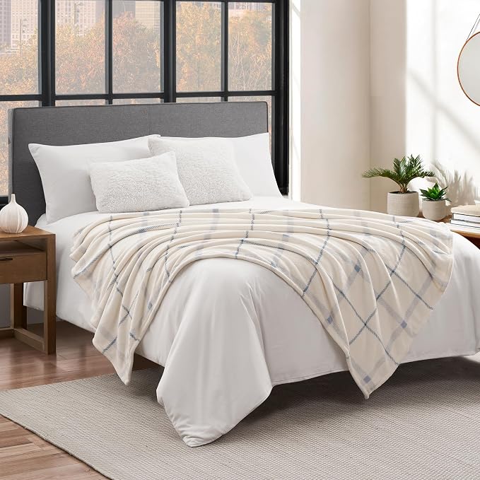 Lucky Brand Palmdale White with Light Blue Plaid 50"x70" Cozy Plush Blanket - Premium Microfiber Throw for Luxurious Comfort