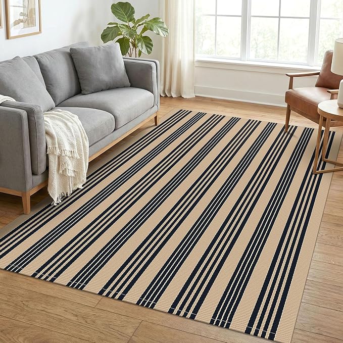 KOZYFLY 5x7 ft Area Rug Brown and Black Striped Living Room Rug Woven Washable Cotton Farmhouse Indoor Outdoor Rugs for Porch Patio Bedroom Dining Room Carpet