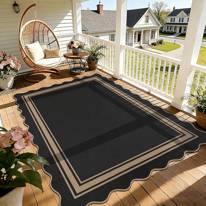 6x9 Scalloped Rug Easy Jute Washable Outdoor Patio Rug for Living Room Indoor Outdoor Black Geometric Neutral Carpet for Backyard Patio Dining Room