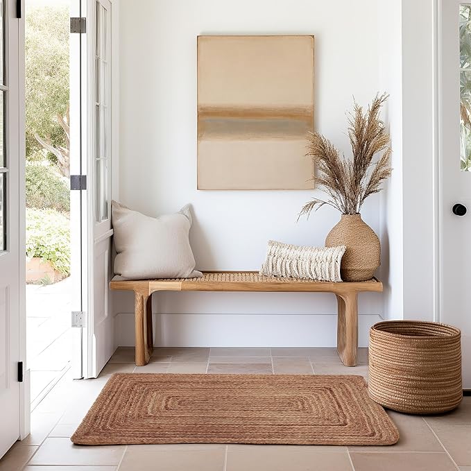 COTTON CRAFT Jute Rug - Braided 100% Jute Door Mat - Woven Neutral Reversible Small Rug - Entryway Kitchen Living Room Bedroom Bathroom Farmhouse Rustic Boho Door Mat Throw Carpet - 22x34 - Natural