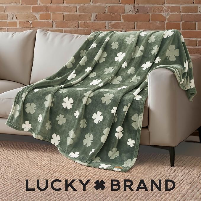 Lucky Brand 50" x 70" Plush Throw Blanket, Clover Toss Green Blanket for Sofa or Bed