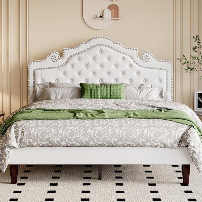 Allewie Full Size Bed Frame with Adjustable Velvet Tiara Headboard, Upholstered Diamond Button Tufted Platform Bed, Wood Slats Support, No Box Spring Needed, White