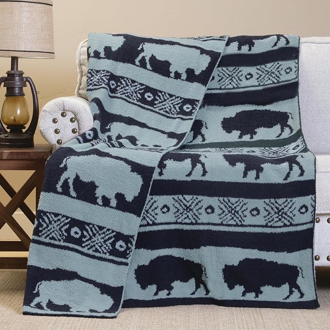 Carstens, Inc. Luxury Soft Stretchy Reversible Plush Throw Blanket, Large 50" x 60", Buffalo Blues