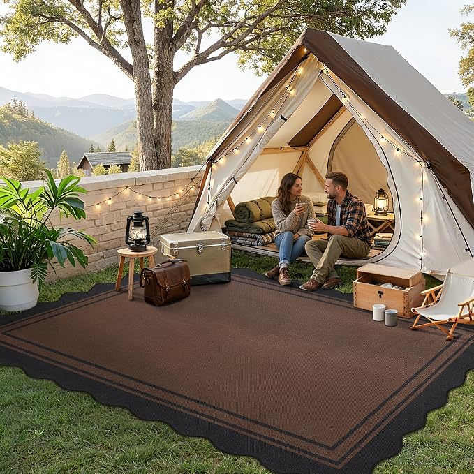 6x9 Scalloped Rug Easy Jute Washable Outdoor Patio Rug for Living Room Indoor Outdoor Black Brown Geometric Neutral Carpet for Backyard Patio Dining Room