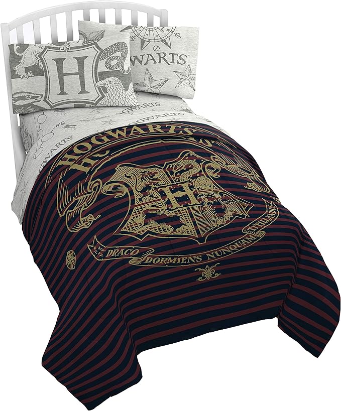 Jay Franco Harry Potter Spellbound 5 Piece Full Bed Set - Includes Reversible Comforter & Sheet Set - Bedding Features Hogwarts Logo - Super Soft Polyester (Official Harry Potter Product) | Hogwarts, Bed in a Bag, Comforter Sheets Pillowcases, Official...