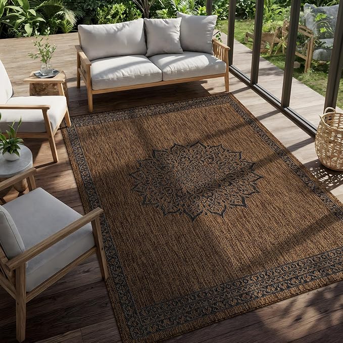 CAMILSON Outdoor Rug 9x12 Medallion Gold Modern Large Area Rugs for Indoor and Outdoor Patios Kitchen and Hallway Mats Washable Porch Deck Outside Carpet (Medallion Gold 9 x 12)