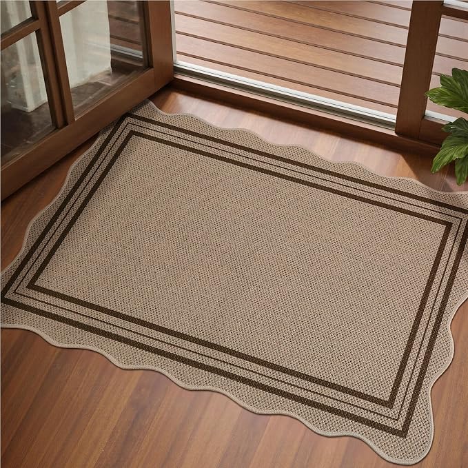 EDIMENS Easy Jute Rug Entryway Rug, 2x3 Front Door Mat Small Entryway Non-Slip Washable Area Rug, Low Pile Black Indoor Outdoor Farmhouse Scalloped Doormat for Entrance Entry Porch Doorway