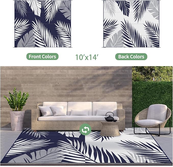 GENIMO Outdoor Rug, Waterproof Plastic Rugs 10'x14' for Camping Blue White | Outside Larger Leaf Carpet Mat for Porch Decor, Deck, Camping, RV, Backyard, Balcony, Picnic, Beach, Reversible, Foldable