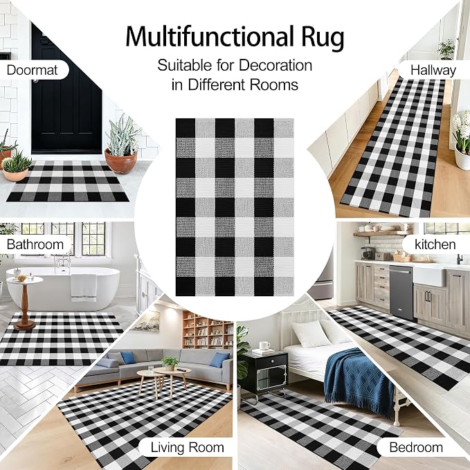 Buffalo Plaid Rug 2x3 Black and White Outdoor Mat Checkered Carpet | Cotton Woven Washable Front Porch Fall Layered Door Mats Carpet for Indoor Outdoor Entryway Farmhouse Decor