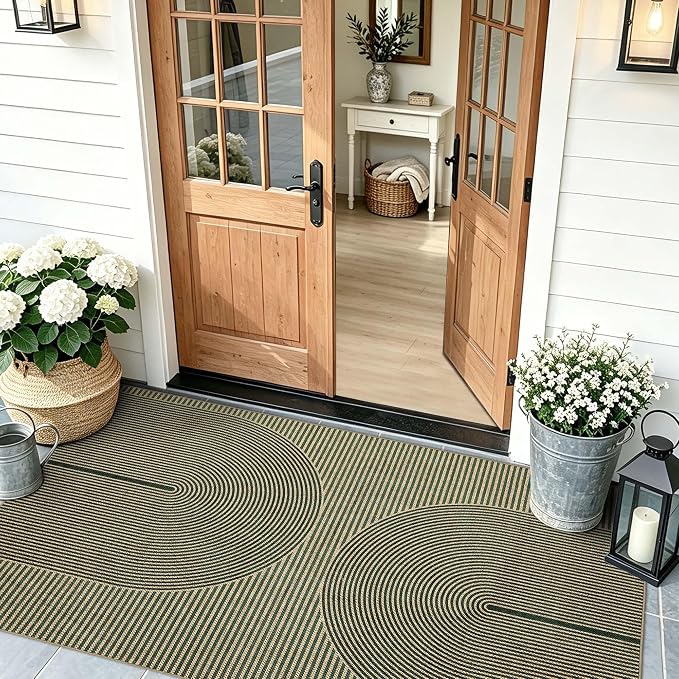 Non-Slip Jute Rug for Entryway: 3x5 Outdoor Mat - Green Curve Pattern | Safe Walking for Family All Day and Help with Cutting Slip Falls by 70%