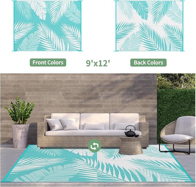 GENIMO Outdoor Rug, Waterproof Plastic Rugs for Patio, 9'x12' Navy White | Outside Larger Leaf Carpet Mat for Porch Decor, Deck, Balcony, Camping, RV, Backyard, Picnic, Beach, Reversible, Foldable