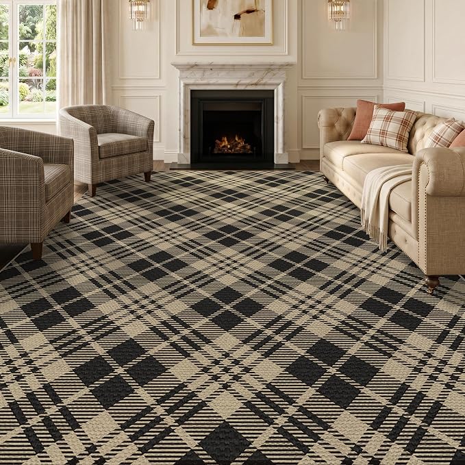 JTJ Vintage Checkered Easy Jute Rugs for Large Living Room 8x10 - Diamond Patterned Woven Rug for Bedroom, Indoor Area, Dining Room, Washable Foldable Low Pile Black and White Classic Decor