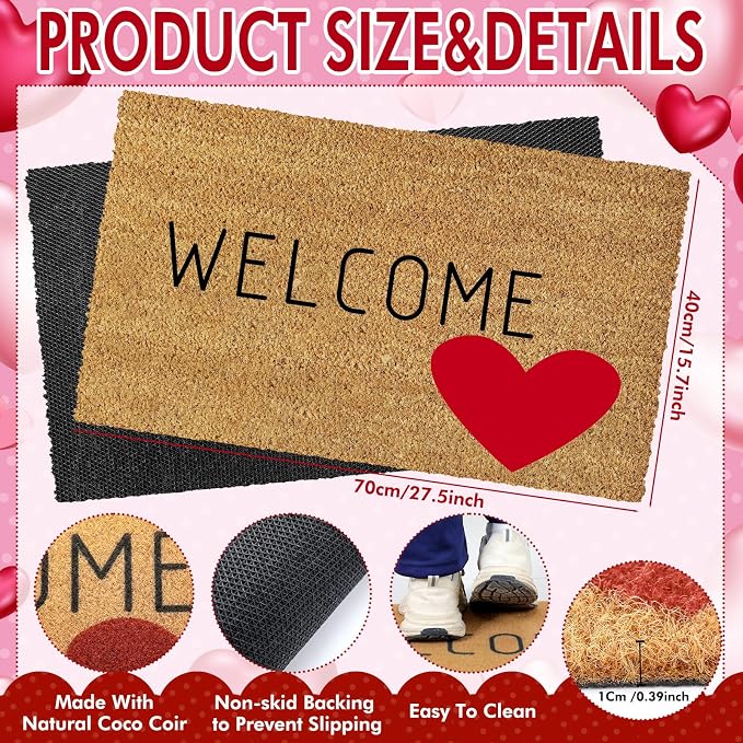Ceenna Valentine's Day Coir Doormat Romantic Outdoor Indoor Decoration Red Heart Non Slip Welcome Door Mat 15.7" x 27.5" Valentine's Day Rug Decorative Front Door Mat for Porch Gifts