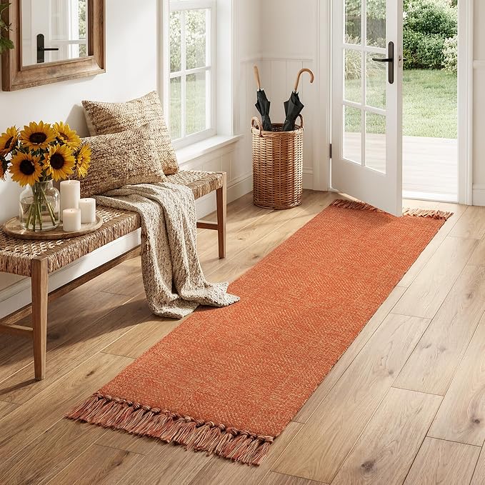Collive 2' x 6' Kitchen Runner Rug, Modern Farmhouse Washable Bathroom Mat, Hand-Woven Hallway Runner Rugs Reversible Bedroom Carpet for Laundry Entryway Terracotta Fall Decor