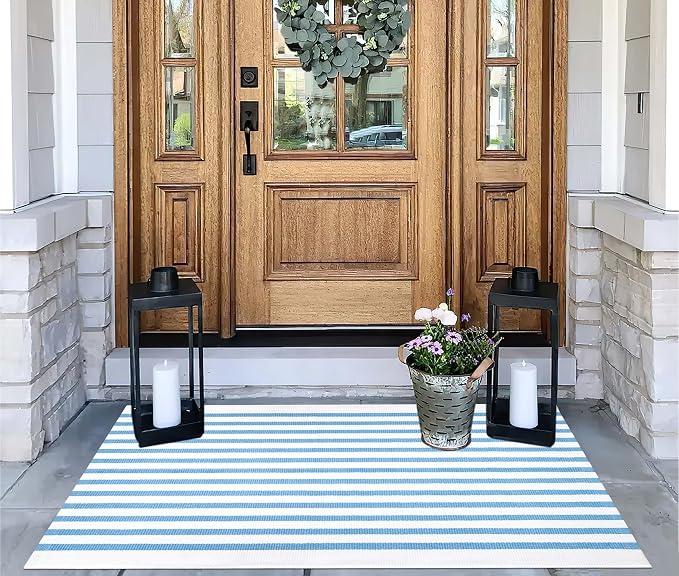 Light Blue White Striped Rug -2.3'x3.6' Front Door Rugs Outdoor, Small Washable Area Rug for Front Porch, Spring Summer Welcome Mats Outdoor Indoor, Doormat for Entryway Porch Entrance