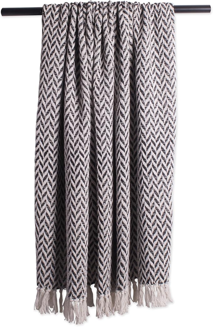 DII Modern Zig Zag Throw Blanket Woven Cotton, Hand-Knotted 2.5" Fringe, 50x60, Black