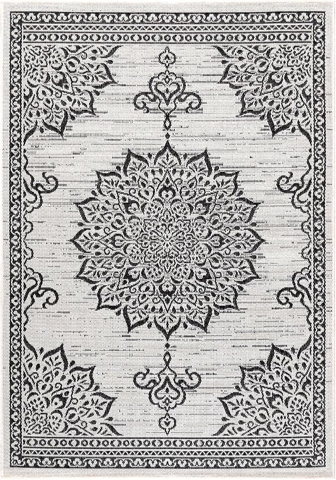 CAMILSON Outdoor Rug, 8x10 Medallion White Black Modern Area Rugs for Indoor and Outdoor Patios, Kitchen and Hallway Mats, Washable Porch Deck Outside Carpet (Medallion White, 8 x 10)