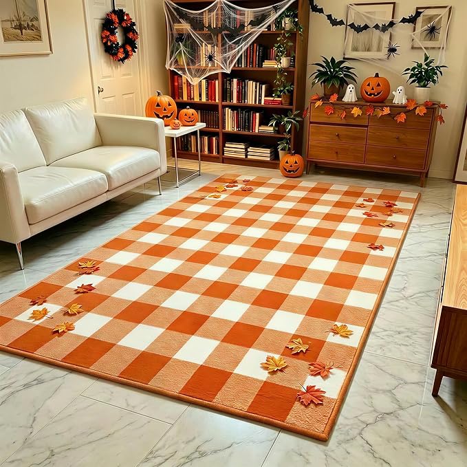 Halloween Orange and White Buffalo Plaid Rug,4' x 6' Indoor Outdoor Washable Rug, Spooky Accent Mat for Halloween Indoor Outdoor Decor, Porch, Living Room, Entryway, Patio