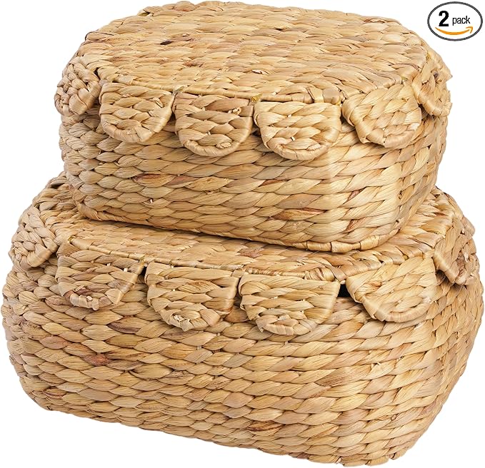 LUSYDECO Set of 2 Wicker Storage Baskets with Lid, Rattan Basket Decorative Boxes, Woven Storage Box Hyacinth Basket with Lids, Small Scalloped Edge Wicker Baskets with Lids