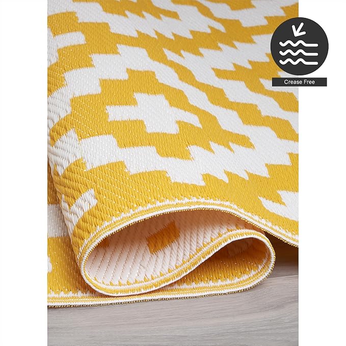 FH Home Outdoor Rug - Waterproof, Fade Resistant, Reversible - Premium Recycled Plastic - Geometric - Large Patio, Deck, Sunroom, Camping, RV - Aztec - Yellow & White Crease Free - 6 x 9 ft