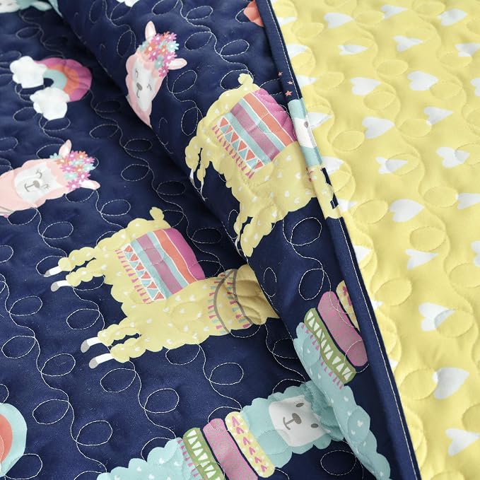 Lush Decor Southwest Llama Cactus Quilt, 3 Piece Set, Full/ Queen, Navy & Yellow - Cute Kids Reversible Boho Toddler Bedding Set