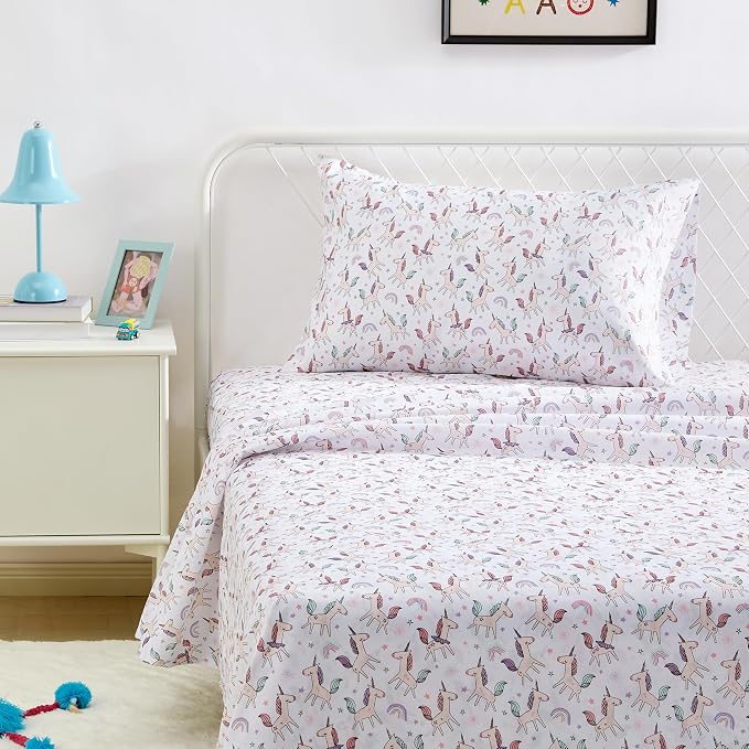 Amazon Basics Microfiber Kids' Sheet Set with Pillowcase, 3-Piece, Twin, Unicorn & Rainbow