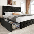 Allewie Upholstered King Size Platform Bed Frame with 4 Storage Drawers and Adjustable Headboard, Diamond Button Tufted, Wooden Slats Support, Noise-Free, No Box Spring Needed, Easy Assembly, Black