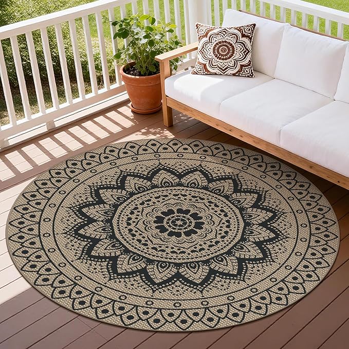 Faux Jute Outdoor Round Rug, 5ft Washable Indoor Outdoor Patio Rug, Black Non Slip Round Area Rug Farmhouse, Boho Carpet for Backyard Patio