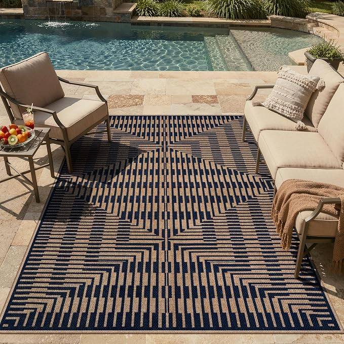 LIVEBOX Easy Jute Outdoor Rug 5x7, Washable Non Slip Area Rug, Farmhouse Striped Carpet for Patio, Dining Room, Backyard (Dark Blue)