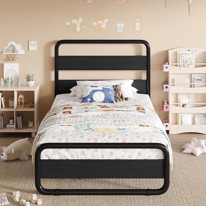 SHA CERLIN Twin Size Metal Bed Frame with Wooden Headboard and Footboard, Heavy Duty Oval-Shaped Platform Bed Frame with 10" Under-Bed Storage, Heavy Duty Slats Support, No Box Spring Needed, Black