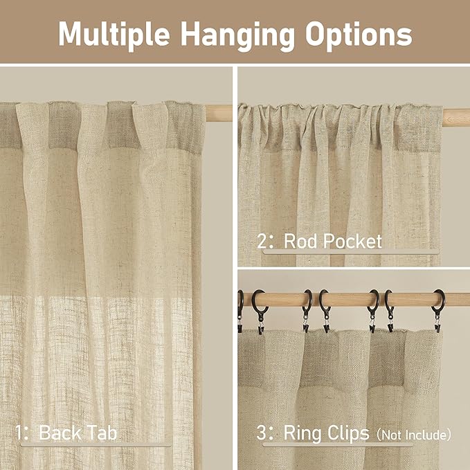 LAMIT Light Filtering Linen Curtains 84 inches Long for Bedroom, Linen Textured Semi Sheer Back Tab and Rod Pocket Natural Boho Drapes for Living Room/Farmhouse, 2 Panels, Linen, 42 x 84 Inch