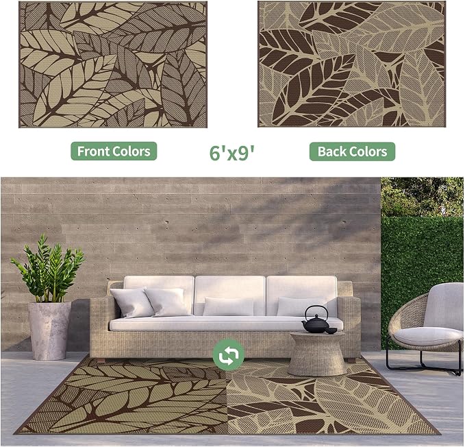GENIMO Outdoor Rug, Waterproof Plastic Rugs for Patio, 6'x9' Coffee | Outside Larger Leaf Carpet Mat for Porch Decor, Deck, Balcony, Camping, RV, Backyard, Picnic, Beach, Reversible, Foldable
