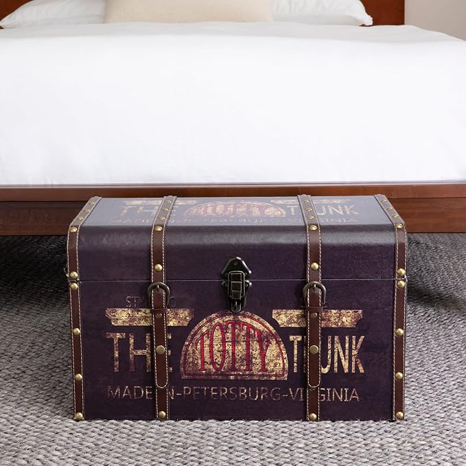 Household Essentials Large Decorative Storage Trunk with Vintage Decoupage, Leather and Metal Accents, Green and Black Finish