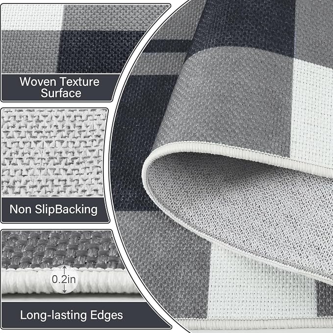 AROGAN Checkered Jute Runner Rug for Hallway, 2x6 Kitchen Runner Washable Rugs Carpet, Long Farmhouse Design Geometric Rugs for Entryway Indoor Laundry Welcome Mat 6 Ft Entry, Black and White