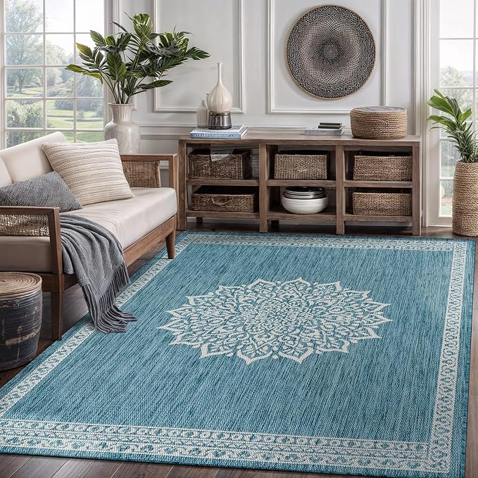 CAMILSON Outdoor Rug 5x7 Medallion Aqua Modern Area Rugs for Indoor and Outdoor Patios Kitchen and Hallway Mats Washable Porch Deck Outside Carpet (Medallion Aqua 5 x 7)