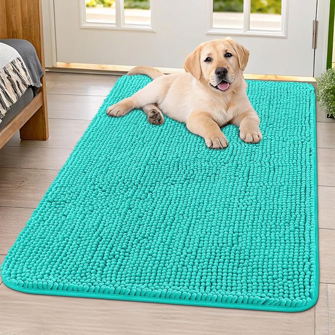 Smiry Dog Door Mat for Muddy Paws 40x32, Absorbent Dirt Trapper, Non-Slip Washable Chenille Entryway Rug for Inside Floor, Teal, Classic Solid
